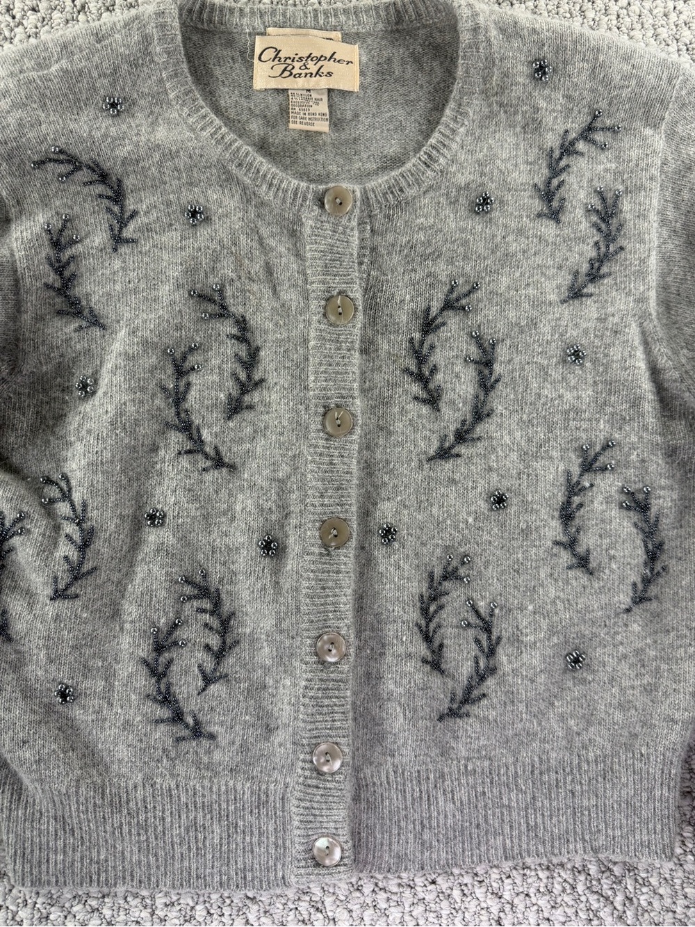 Christopher&Banks Y2K Women Vintage Rabbit Hair Hand Beaded Gray Cardigan Size M